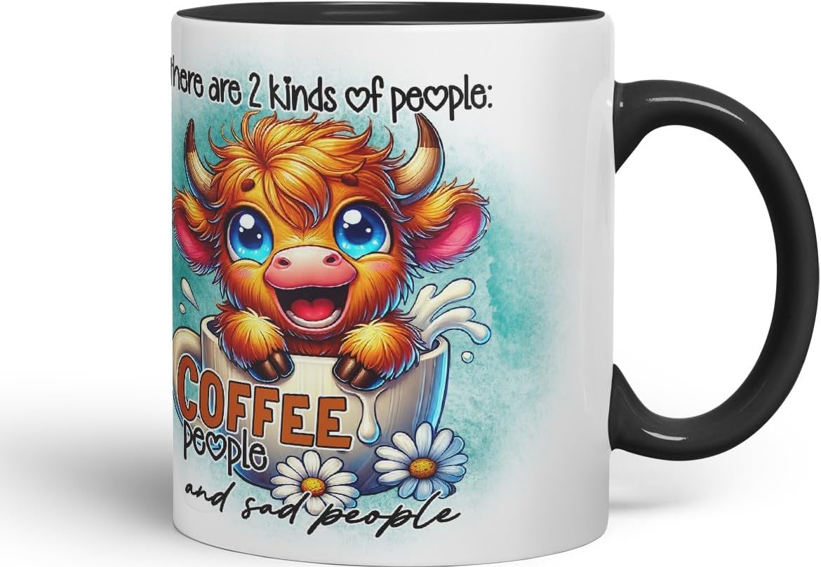Vixar Mug with Sarcastic Text There are 2 Kinds of People Highland Cow Coloured Ceramic Mug Cup Gift for Coffee Lovers 11oz (Black)