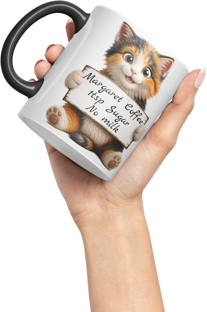 Vixar Personalised Mixed Cat Mug with Name or Custom Message – Cute Animal Coloured Ceramic Mug Cup Gift, 11oz (Black)