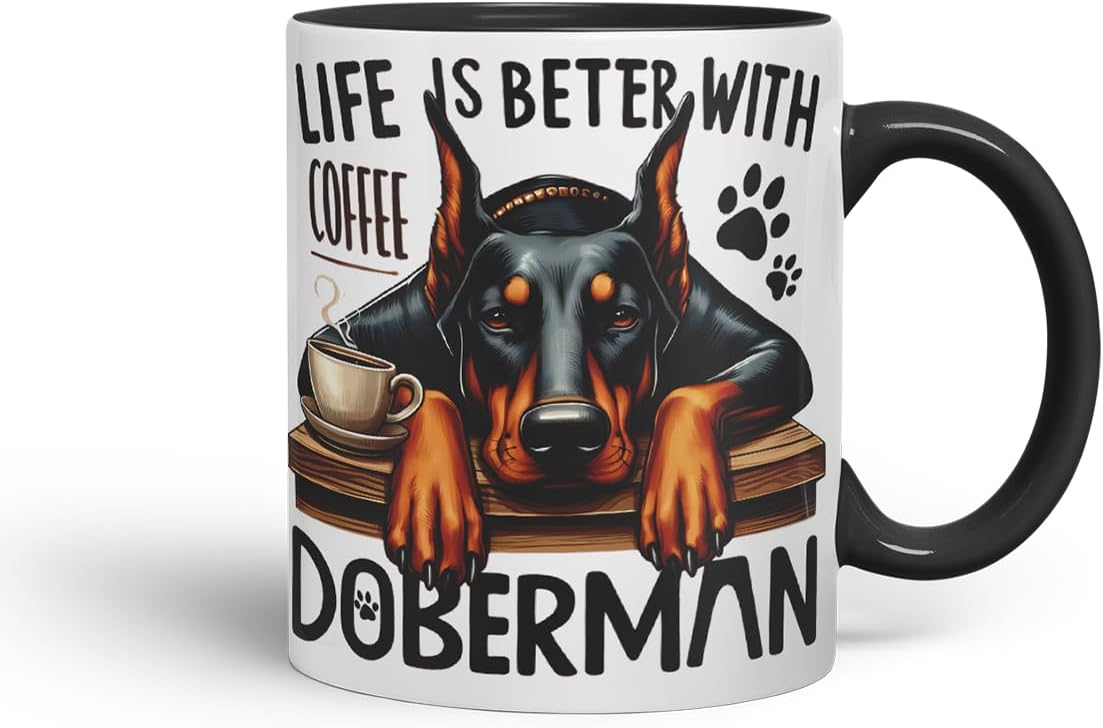 Vixar Life is Better with Coffee Doberman Dog Mug – Coloured Ceramic Mug Cup Gift, 11oz (Black)
