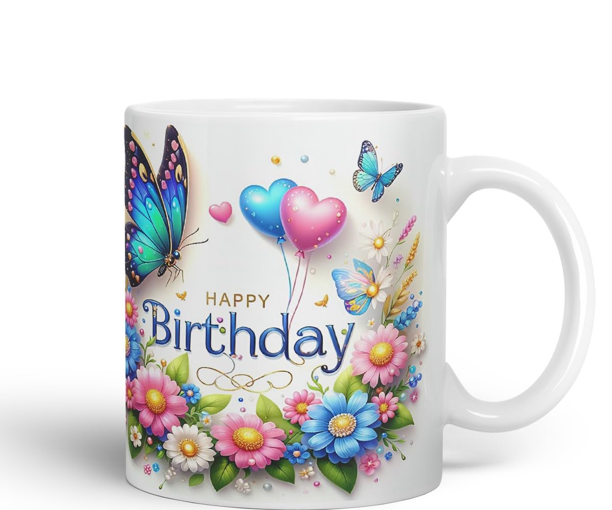 Vixar Happy Birthday Butterfly Floral Design Coloured Ceramic Mug Cup Gift 11oz V1 (Black)