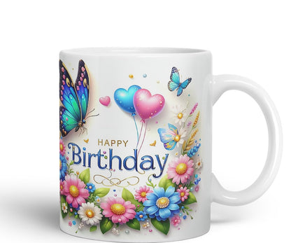 Vixar Happy Birthday Butterfly Floral Design Coloured Ceramic Mug Cup Gift 11oz V1 (Black)