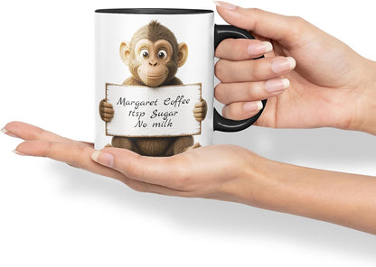 Vixar Personalised Monkey Mug with Name or Custom Message – Cute Animal Coloured Ceramic Mug Cup Gift, 11oz (Black)