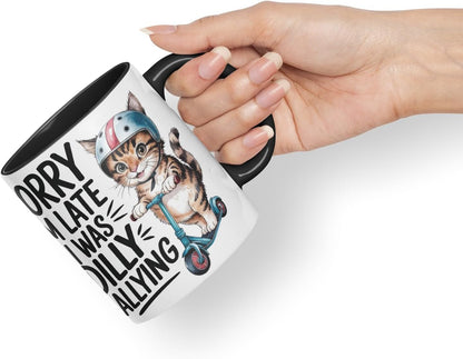 Vixar Sorry I’m Late I was Dilly Dallying Sarcastic cat Coloured Ceramic Mug Cup Gift, 11oz (Black)