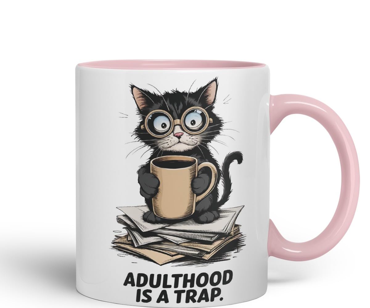Vixar Adulthood is A Trap Cat Mug – Coloured Ceramic Mug Cup Gift, 11oz (Black)