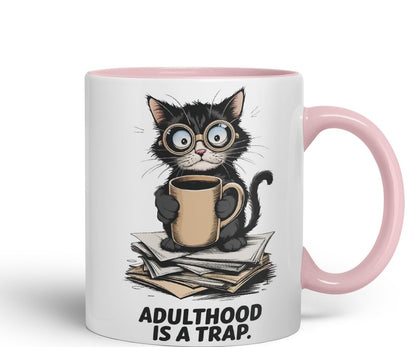 Vixar Adulthood is A Trap Cat Mug – Coloured Ceramic Mug Cup Gift, 11oz (Black)