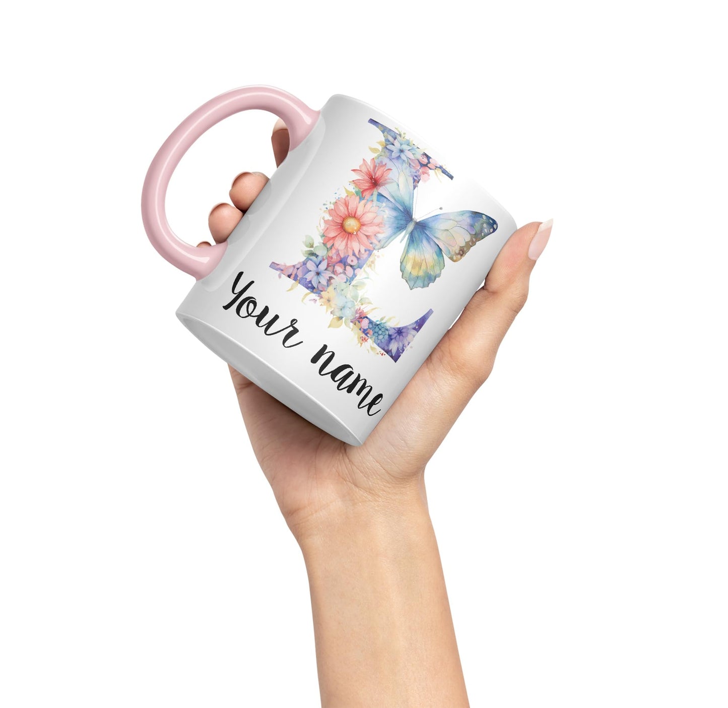 Personalised Letter L mug, Customized Custom Floral flowers butterfly Alphabet Letter L Monogram watercolour Ceramic Coloured Mug Cup for Tea Coffee Hot brew 330ml 11Oz Gift