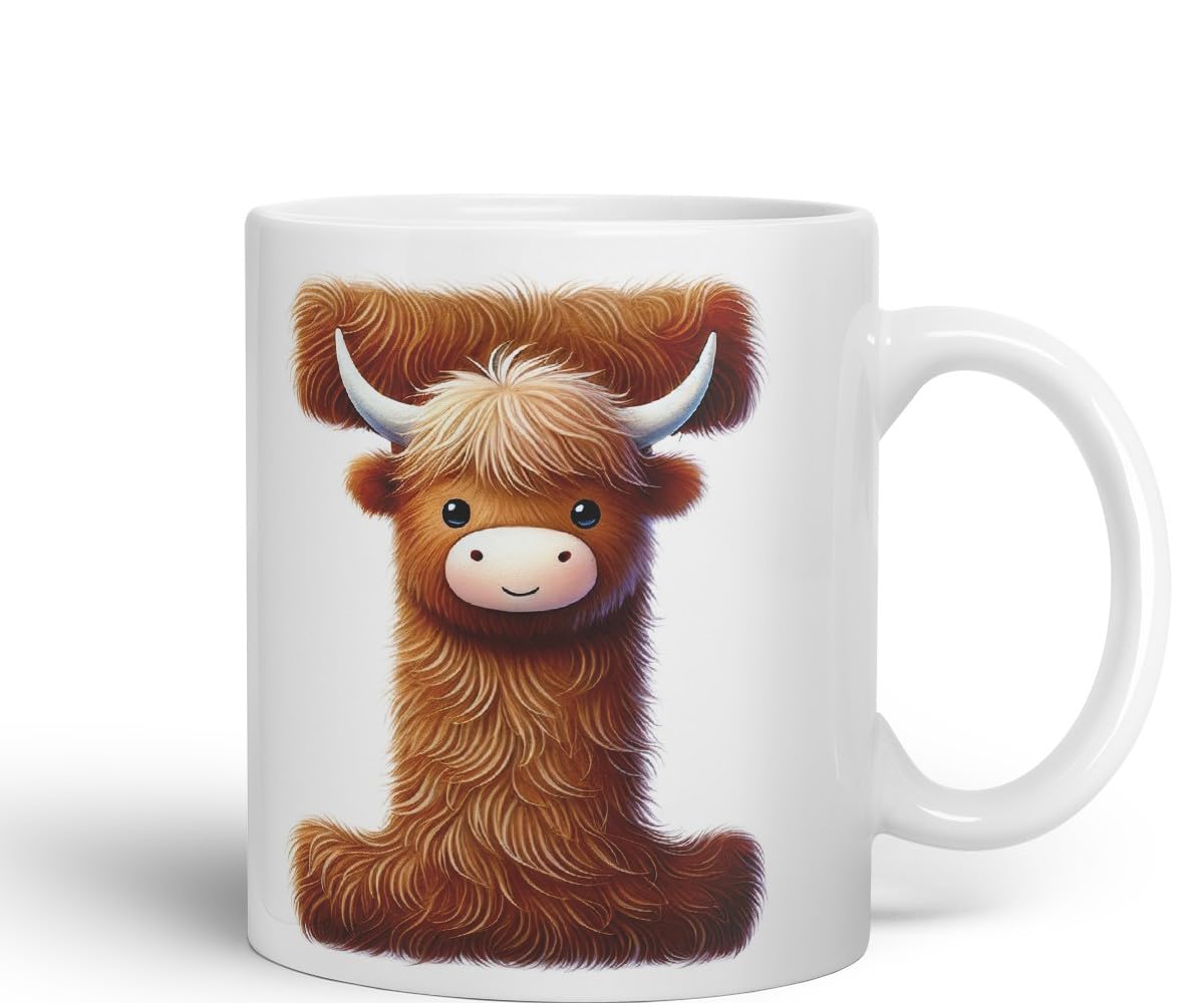 Highland Cow Alphabet Monogram Coloured Ceramic Cup Mug Letter I Rustic Farmhouse Animal Letter Gift V2 11oz (Black)