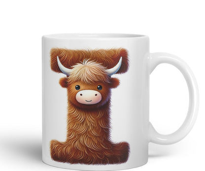 Highland Cow Alphabet Monogram Coloured Ceramic Cup Mug Letter I Rustic Farmhouse Animal Letter Gift V2 11oz (Black)