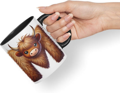 Highland Cow Alphabet Monogram Coloured Ceramic Cup Mug Letter M Rustic Farmhouse Animal Letter Gift V2 11oz (Black)