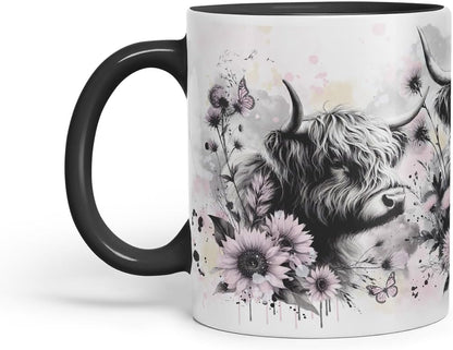 Vixar Highland Cows Flowers Mug – Coloured Ceramic Mug Cup Gift, 11oz (Black)