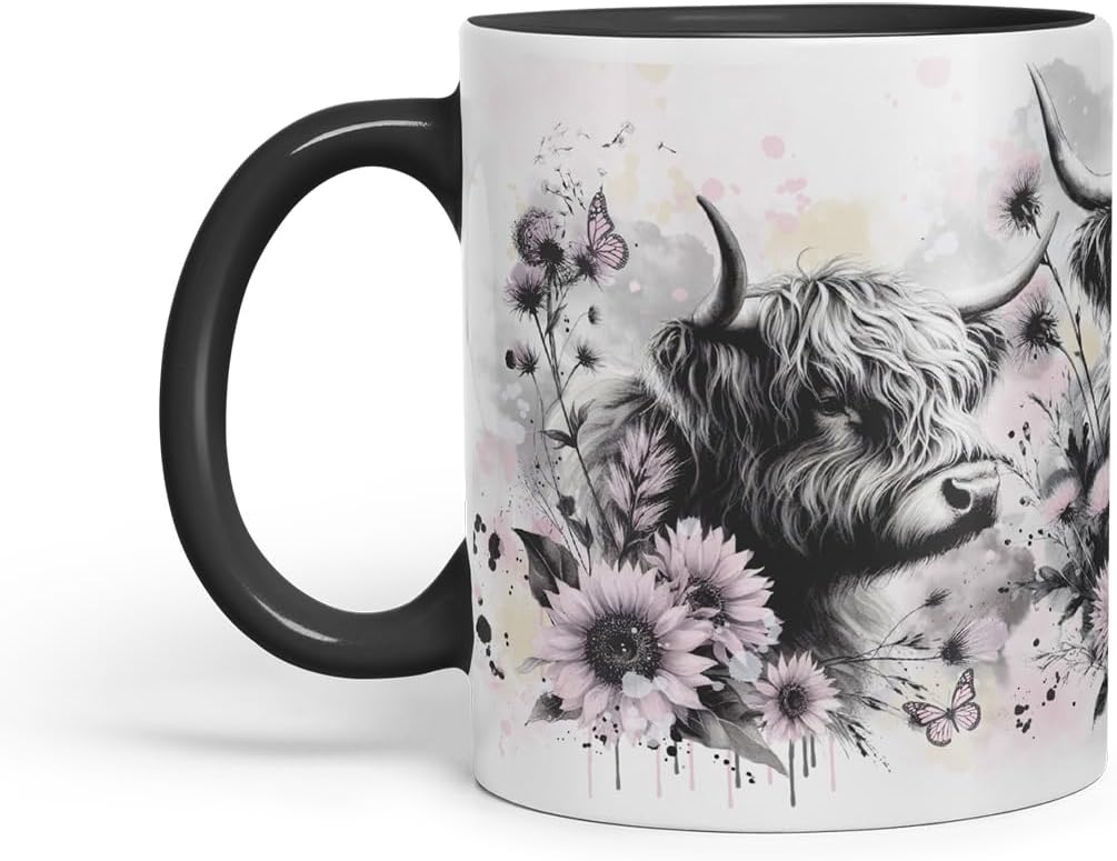Vixar Highland Cows Flowers Mug – Coloured Ceramic Mug Cup Gift, 11oz (Black)