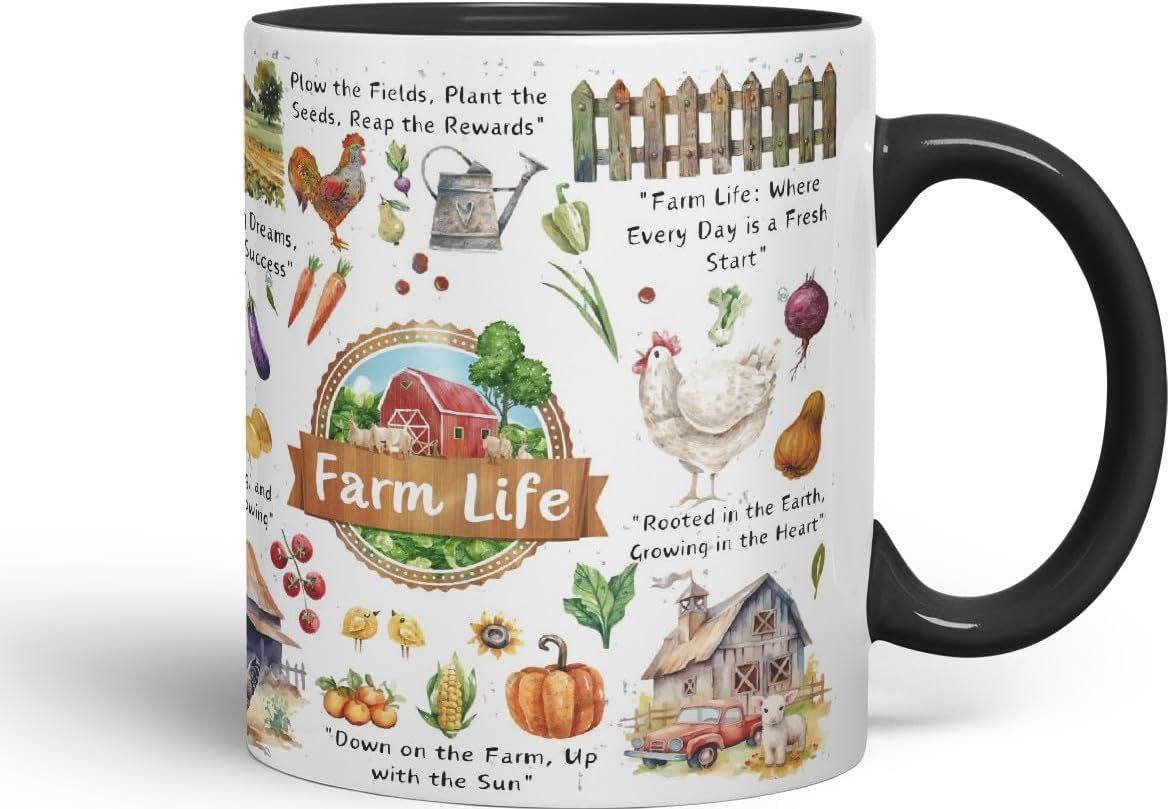 Vixar Down on The Farm Up with The Sun – Farm Life Coloured Mug Cup 11oz (Black)