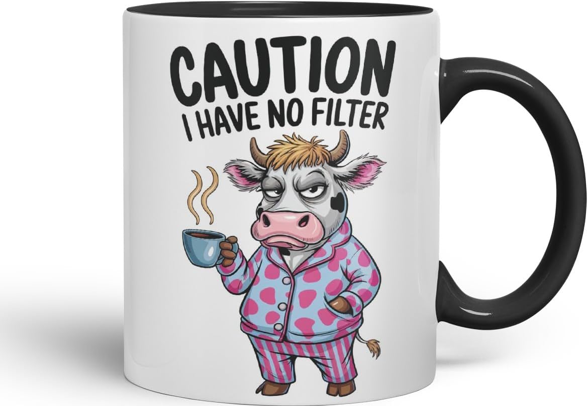 Vixar Caution I Have No Filter Cow Joke Coloured Ceramic Mug Cup Gift, 11oz (Black)