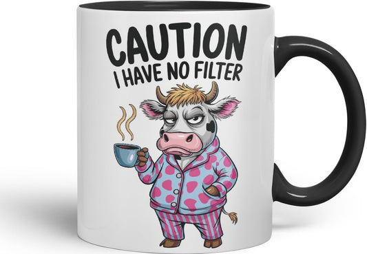 Vixar Caution I Have No Filter Cow Joke Coloured Ceramic Mug Cup Gift, 11oz (Black)