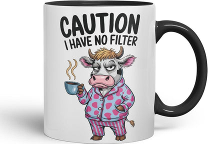 Vixar Caution I Have No Filter Cow Joke Coloured Ceramic Mug Cup Gift, 11oz (Black)