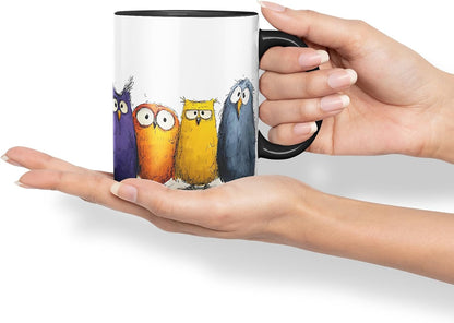 Vixar Funny Colourful Owl Friends Design – Cute Bird Character Mug for Animals Lovers, Coloured Mug Cup Gift, 11oz (Black)