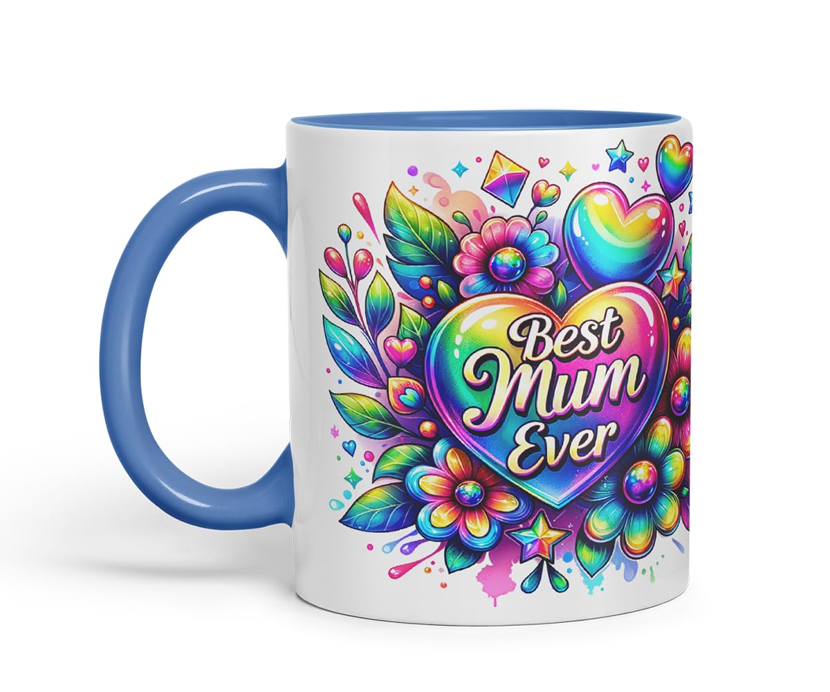 Vixar Best Mum Ever Rainbow Floral Mug – Coloured Ceramic Mug Cup Gift, 11oz (Black)