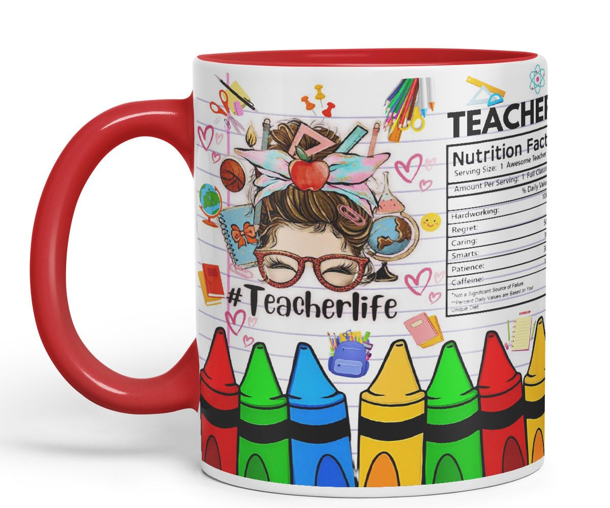 Vixar Teacher Nutrition Facts #teacherlife Mug Thank You, End of School Gift Ceramic Coloured Mug Cup for Tea Coffee Hot Brew 330ml 11Oz Gift TF1