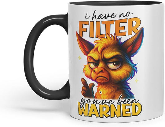 Vixar I Have No Filter You've Been Warned Funny Llama Mug – Coloured Ceramic Mug Cup Gift, 11oz (Black)