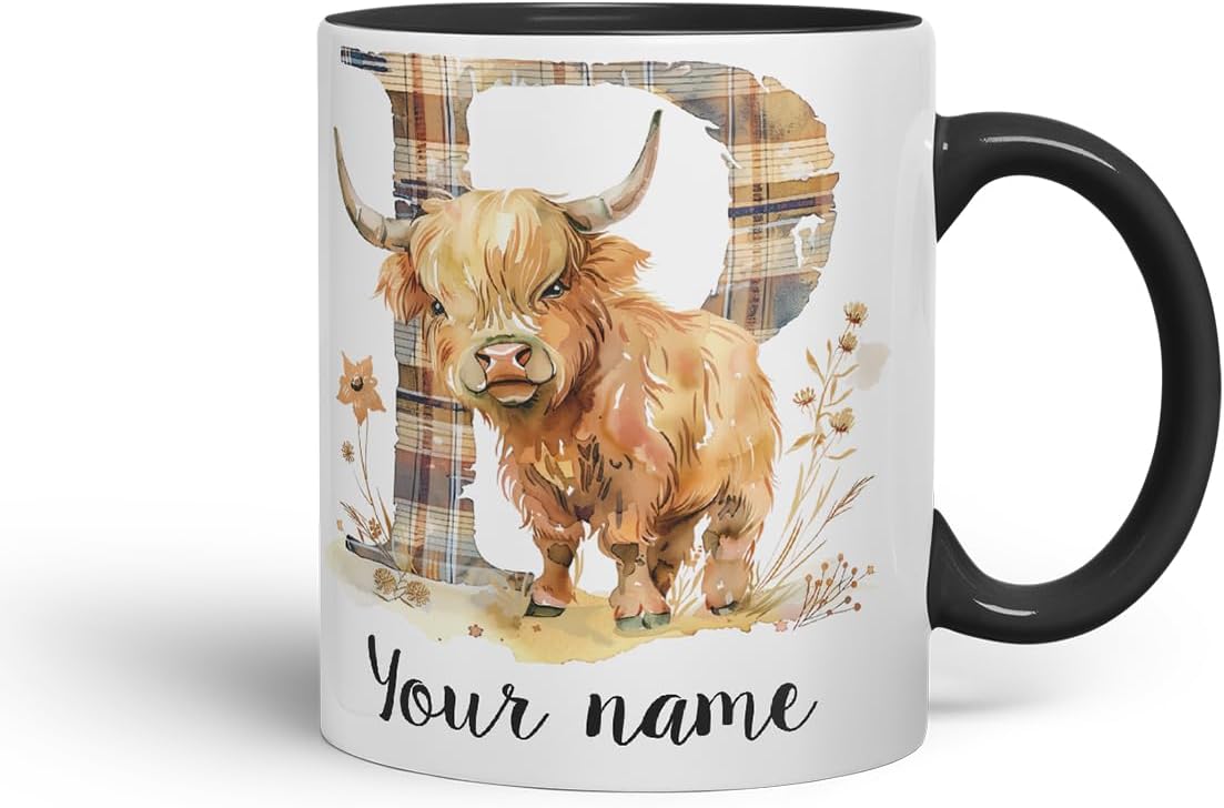 Vixar Personalised Highland Cow Initial Letter P Custom Name Mug – Coloured Ceramic Mug Cup Gift, 11oz
