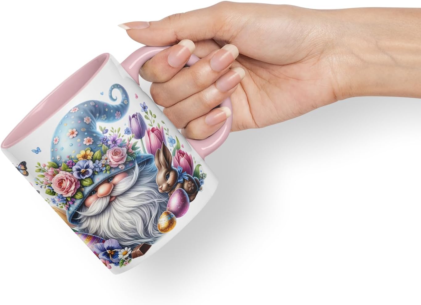 Vixar Easter Gnome Bunny Mug – Coloured Ceramic Mug Cup Gift, 11oz (Pink)