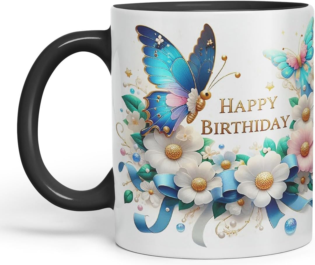 Vixar Happy Birthday Pearl Accents Butterflies Coloured Ceramic Mug Cup Gift 11oz V7 (Black)