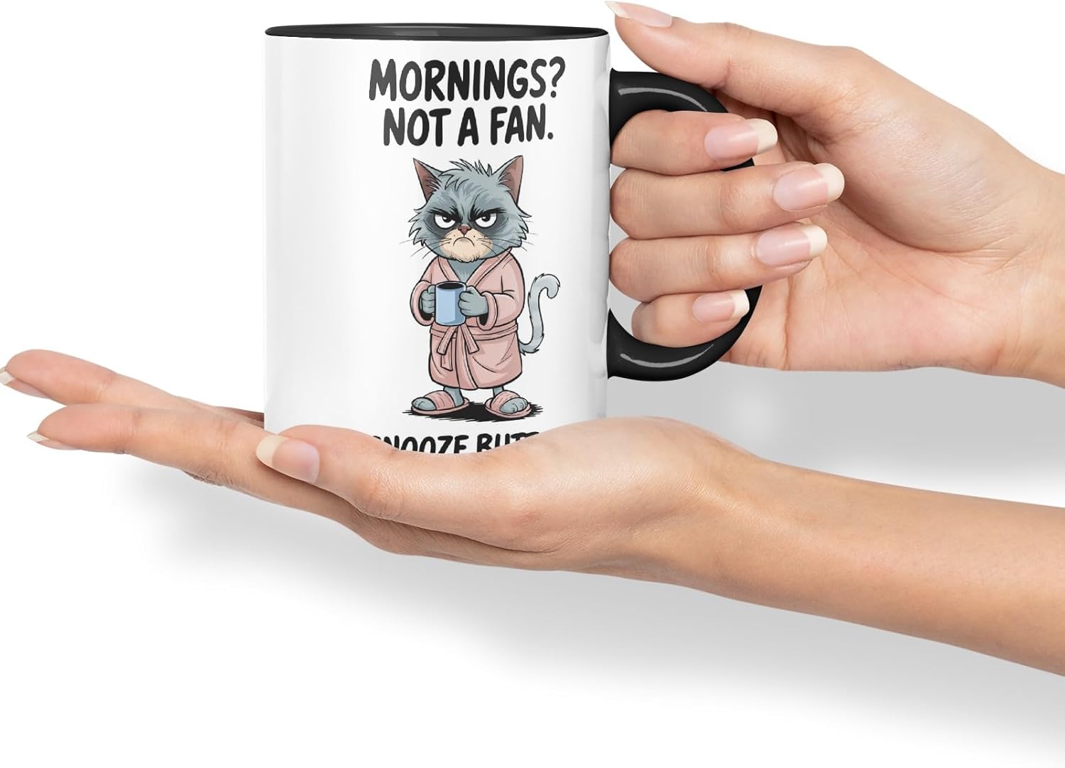 Vixar Mornings Not A Fan Snooze Button Cat Mug – Coloured Ceramic Mug Cup Gift, 11oz (Black)