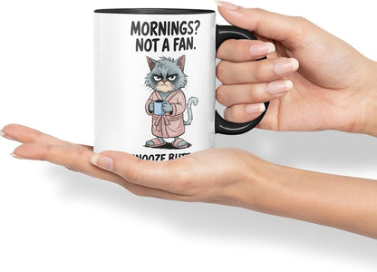 Vixar Mornings Not A Fan Snooze Button Cat Mug – Coloured Ceramic Mug Cup Gift, 11oz (Black)