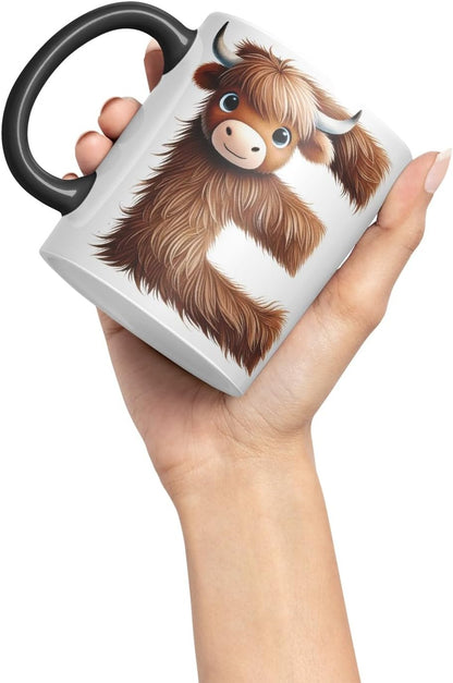 Highland Cow Alphabet Monogram Coloured Ceramic Cup Mug Letter E Rustic Farmhouse Animal Letter Gift V2 11oz (Black)
