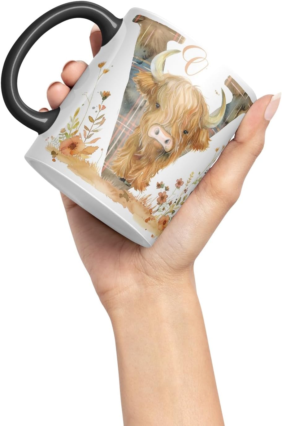 Vixar Highland Cow Alphabet Monogram Coloured Ceramic Cup Mug – Letter V – Rustic Farmhouse Animal Letter Gift – 11oz (Black)
