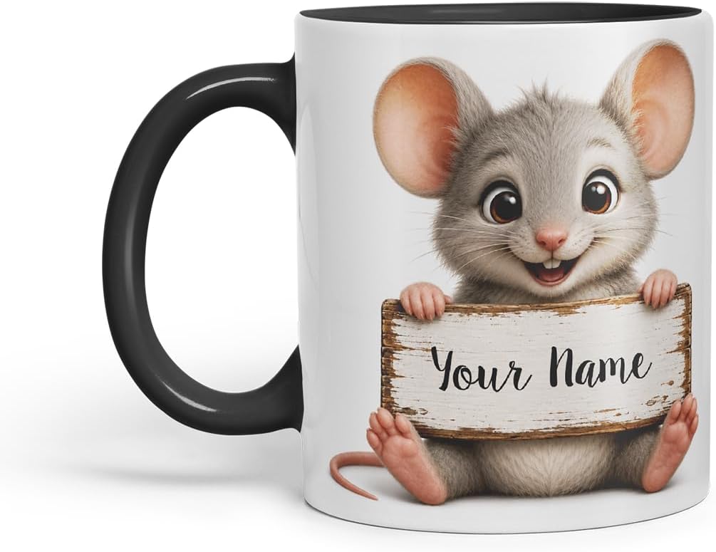Vixar Personalised Mouse Mug with Name or Custom Message – Cute Animal Coloured Ceramic Mug Cup Gift, 11oz (Black)