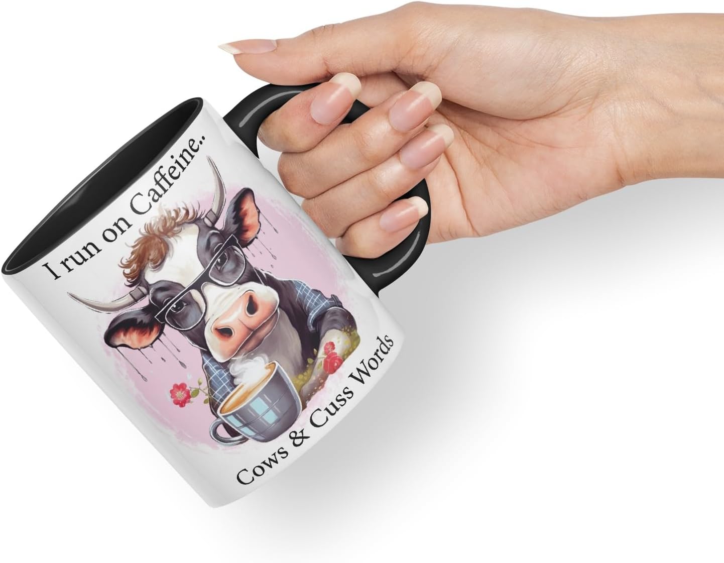 Vixar I Run on Caffeine Cows & Cu.. Words Coloured Ceramic Mug Cup Gift, 11oz (Black)
