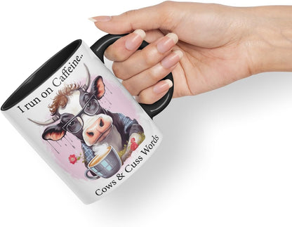 Vixar I Run on Caffeine Cows & Cu.. Words Coloured Ceramic Mug Cup Gift, 11oz (Black)