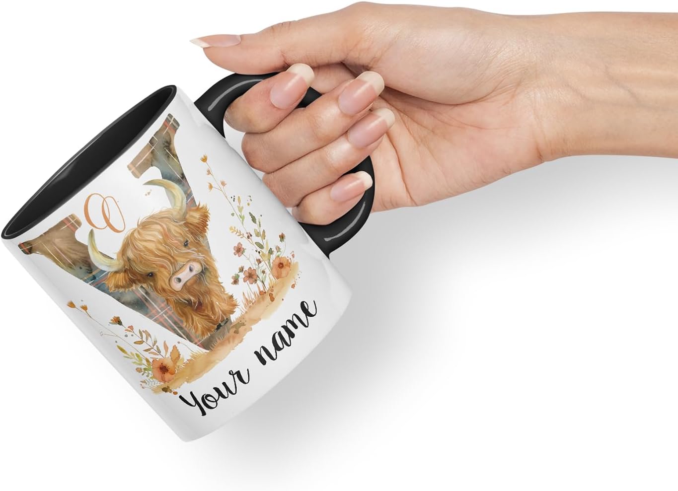 Vixar Personalised Highland Cow Initial Letter V Custom Name Mug – Coloured Ceramic Mug Cup Gift, 11oz (Black)