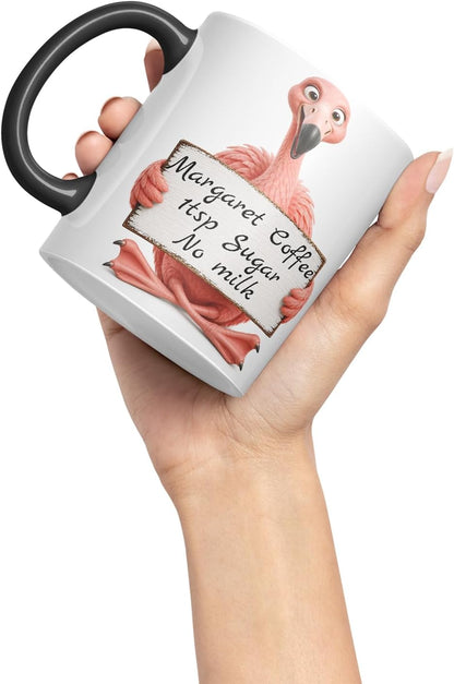 Vixar Personalised Flamingo Mug with Name or Custom Message – Cute Animal Coloured Ceramic Mug Cup Gift, 11oz (Black)