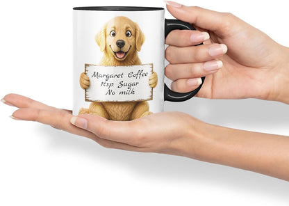 Vixar Personalised Golden Retriever Dog Pet Mug with Name or Custom Message – Cute Animal Coloured Ceramic Mug Cup Gift, 11oz (Black)