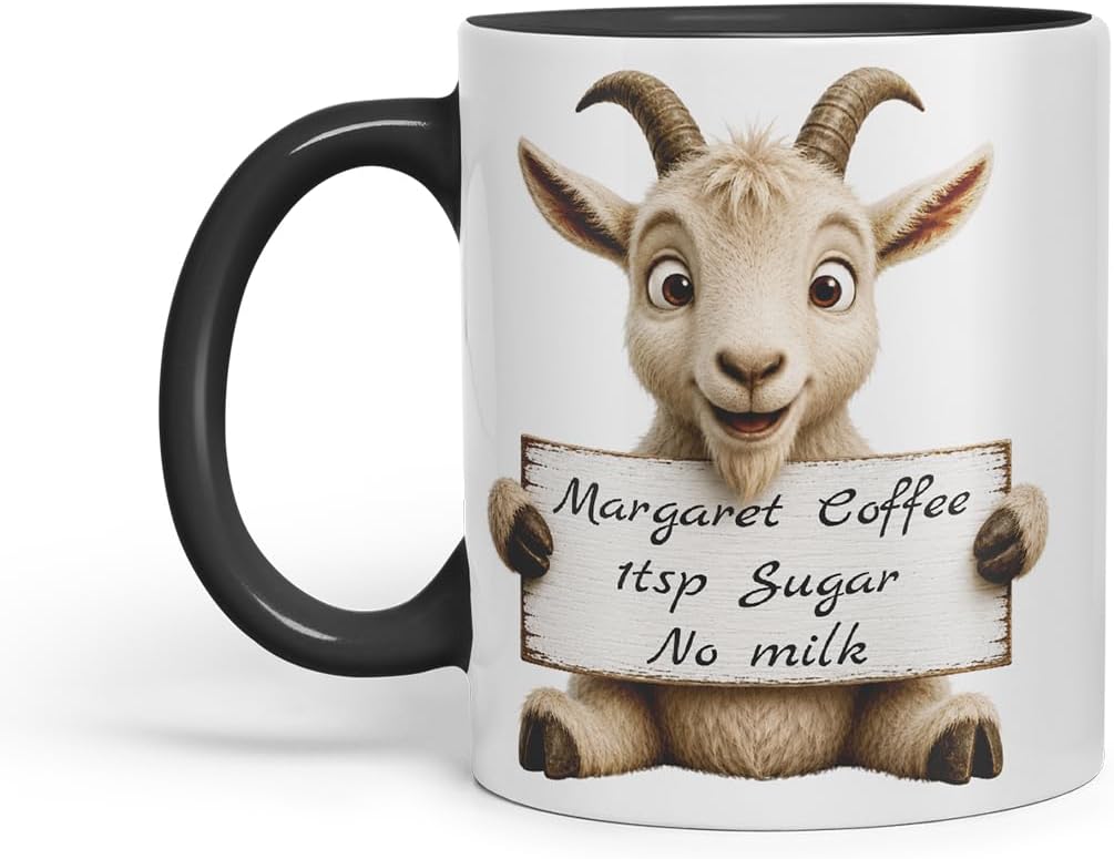 Vixar Personalised Goat Mug with Name or Custom Message – Cute Animal Coloured Ceramic Mug Cup Gift, 11oz (Black)