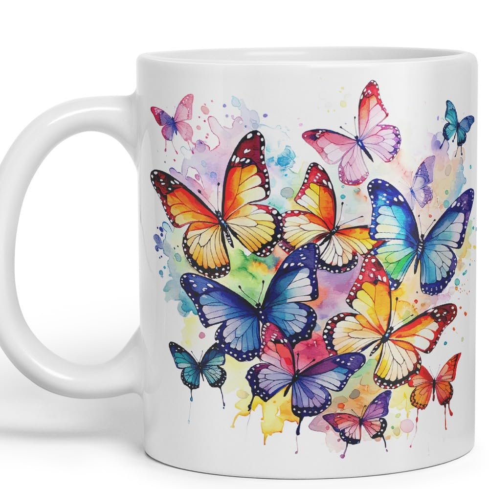 Vixar Ceramic Mug “Rainbow Butterflies” – Coloured Coffee & Tea Mug Cup 11oz 330ml (Navy)
