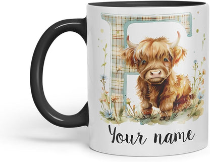 Vixar Personalised Highland Cow Initial Letter F Custom Name Mug – Coloured Ceramic Mug Cup Gift, 11oz (Black)
