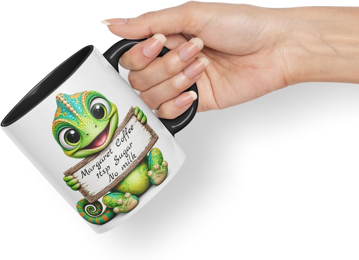 Vixar Personalised Chameleon Mug with Name or Custom Message – Cute Animal Coloured Ceramic Mug Cup Gift, 11oz (Black)