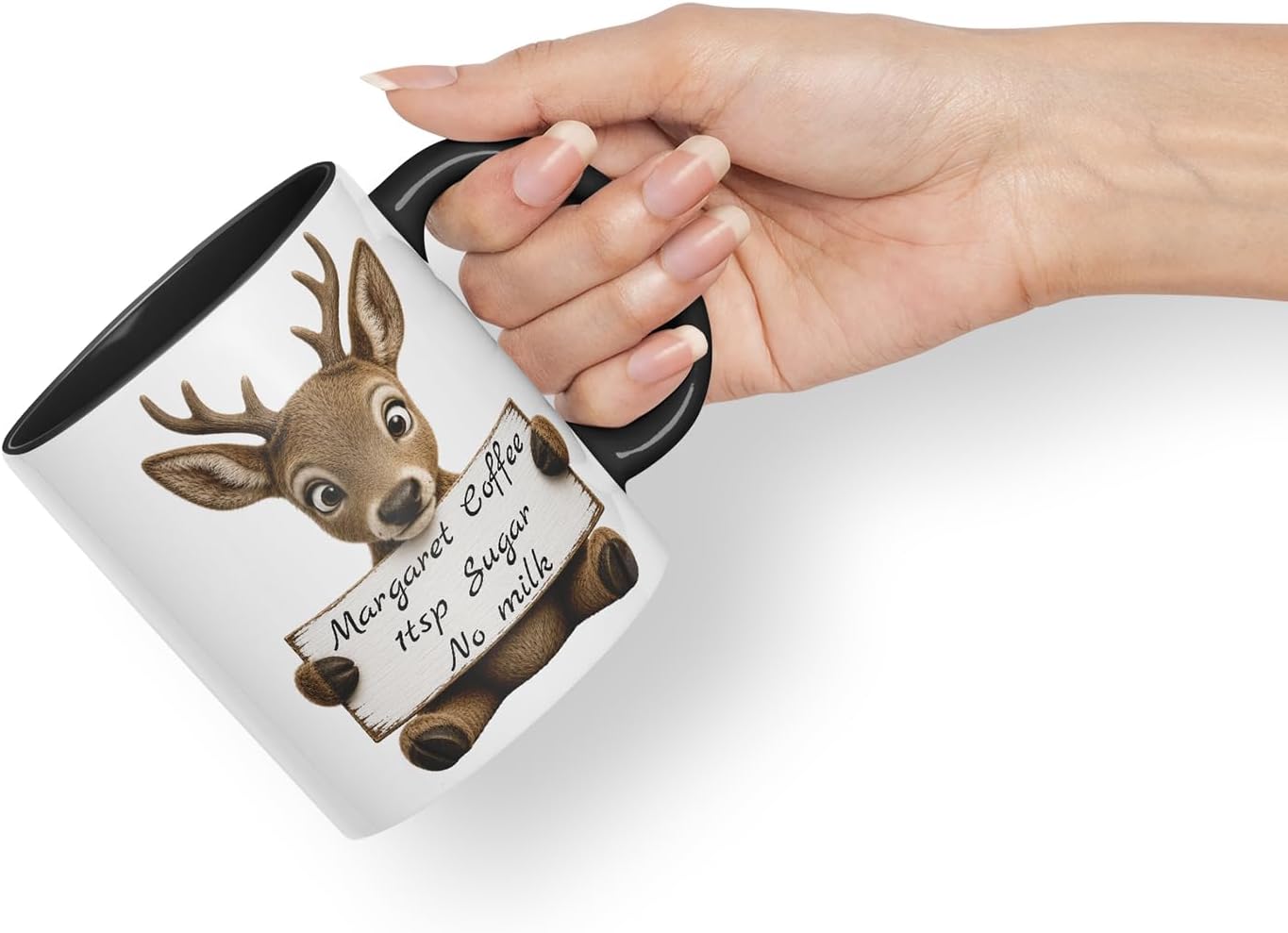 Vixar Personalised Deer Mug with Name or Custom Message – Cute Animal Coloured Ceramic Mug Cup Gift, 11oz (Black)