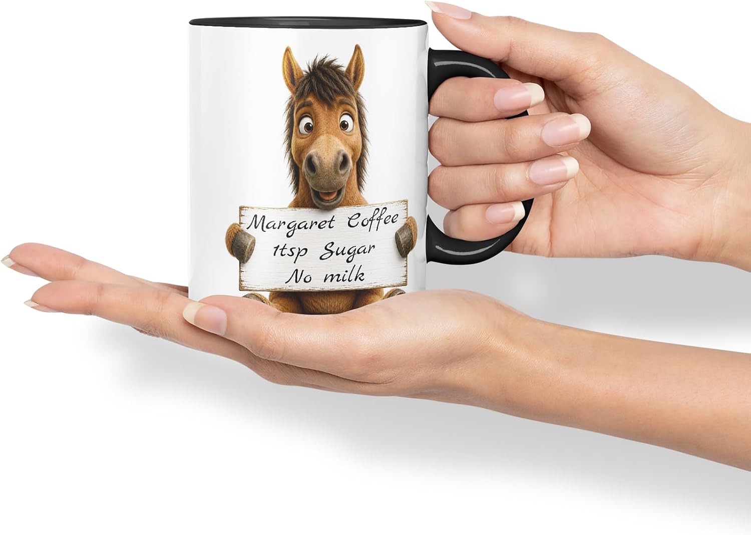Vixar Personalised Horse Mug with Name or Custom Message – Cute Animal Coloured Ceramic Mug Cup Gift, 11oz (Black)