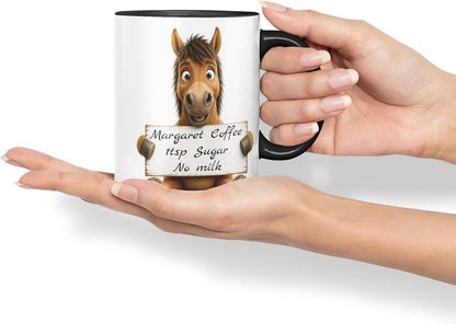 Vixar Personalised Horse Mug with Name or Custom Message – Cute Animal Coloured Ceramic Mug Cup Gift, 11oz (Black)