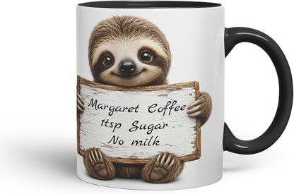 Vixar Personalised Sloth Mug with Name or Custom Message – Cute Animal Coloured Ceramic Mug Cup Gift, 11oz (Black)