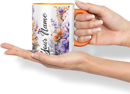 Vixar Personalised Orange Daisy Mug – Custom Your Name Coloured Ceramic Mug Cup Gift, 11oz (Orange)