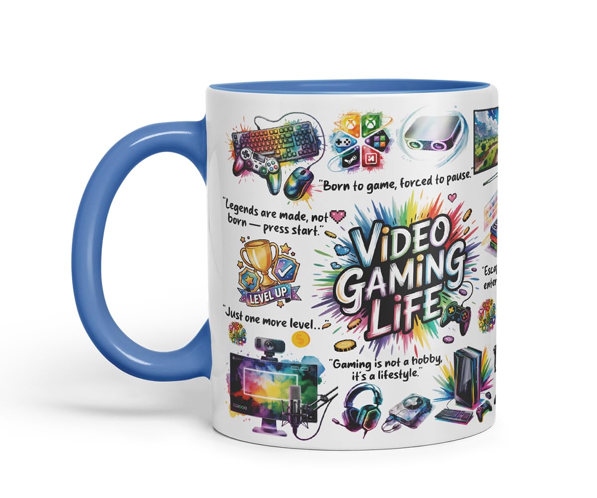 Video Gaming Life Mug – Coloured Ceramic Mug Cup Gift, 11oz (Black)