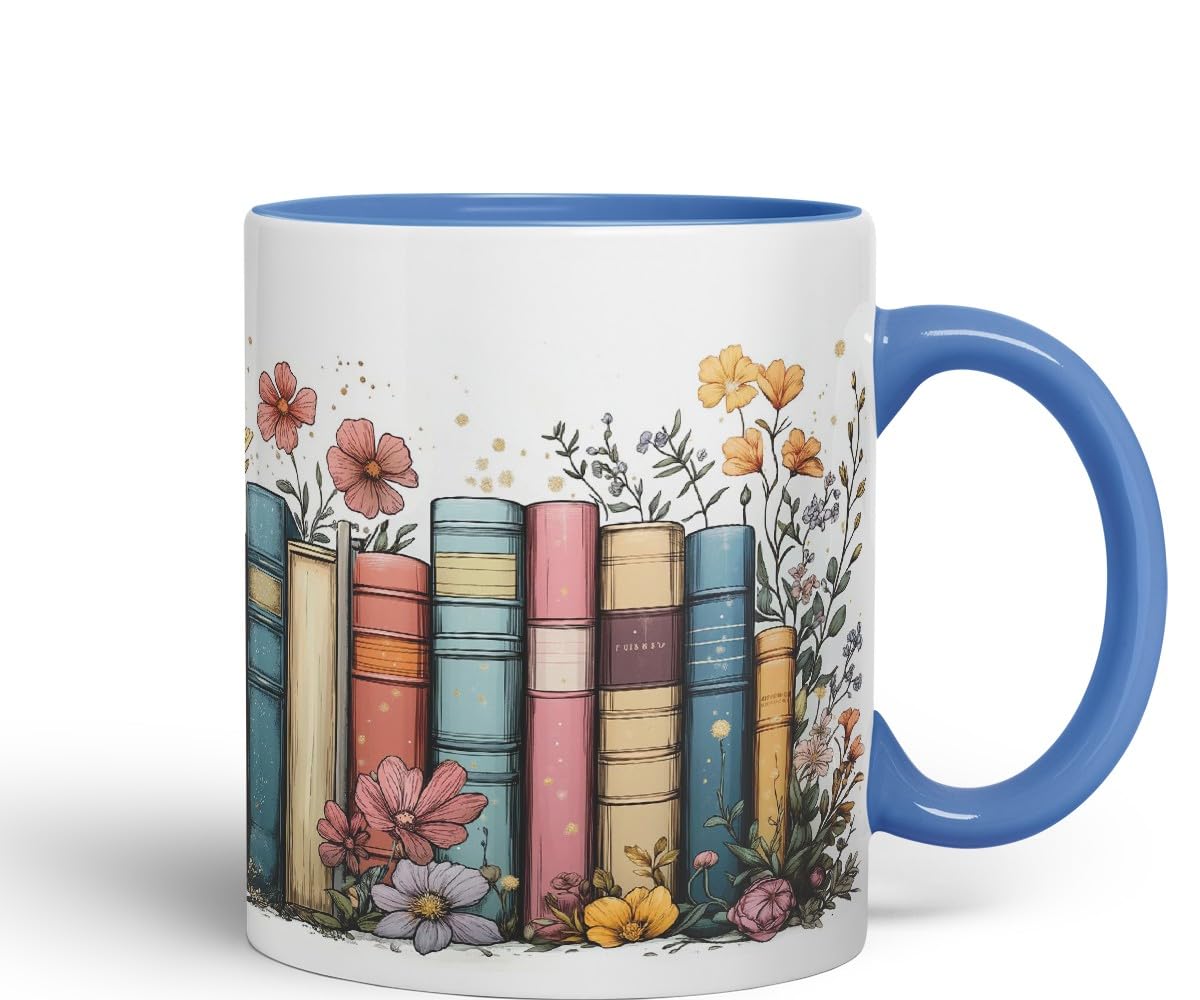 Vixar Floral Bookshelf Coloured Ceramic Mug Cup Gift, 11oz (Black)