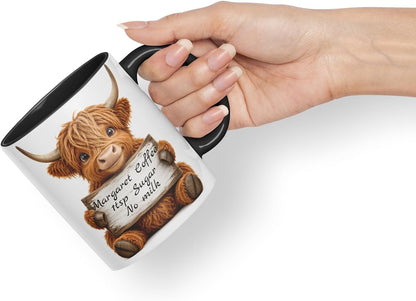 Vixar Personalised Highland Cow Mug with Name or Custom Message – Cute Animal Coloured Ceramic Mug Cup Gift, 11oz (Black)