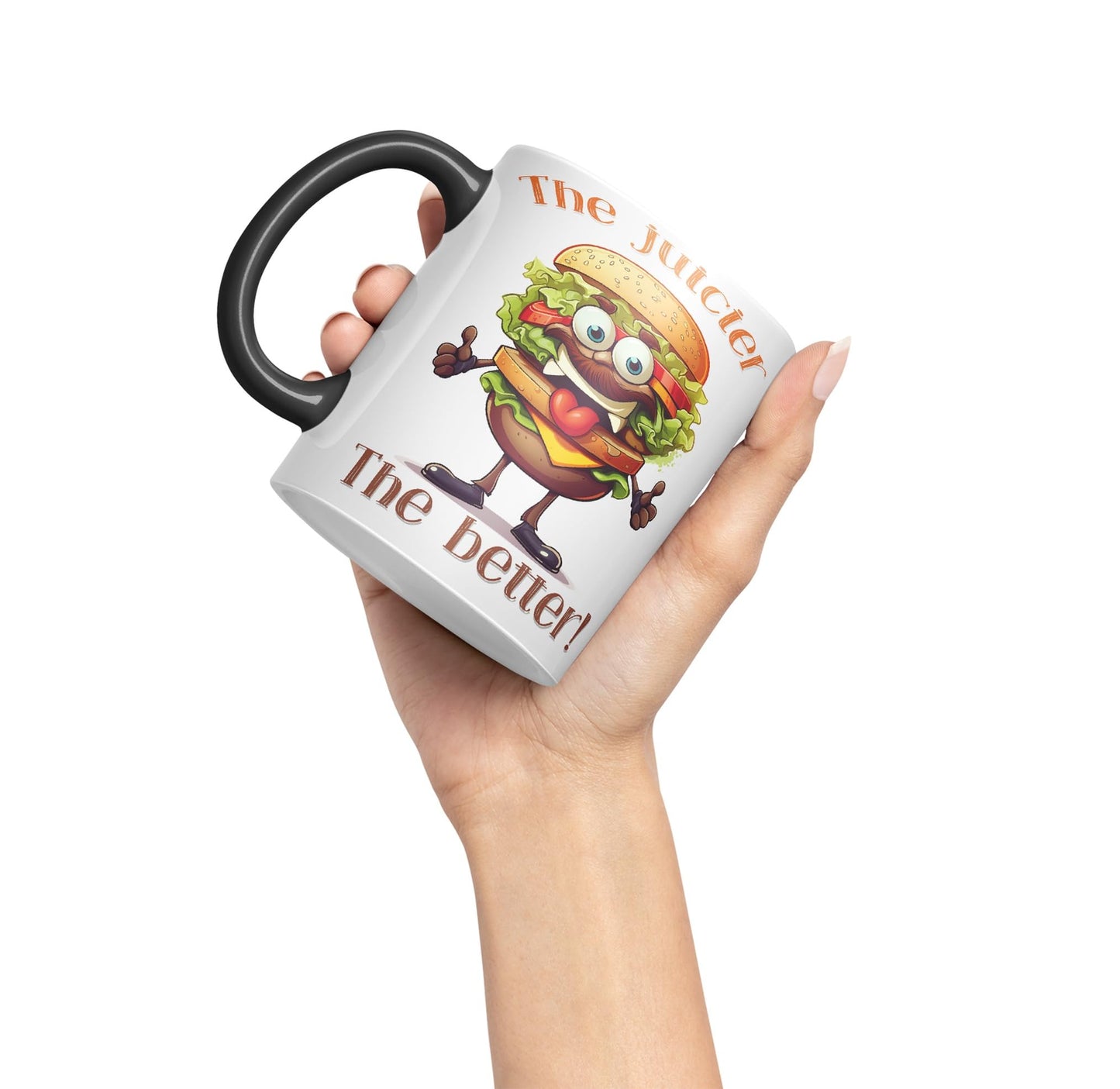 The Juicier The Better Burger, Joke sarkasm Sarcastic Ceramic Coloured Mug Cup for Tea Coffee Hot Brew 330ml 11Oz Gift