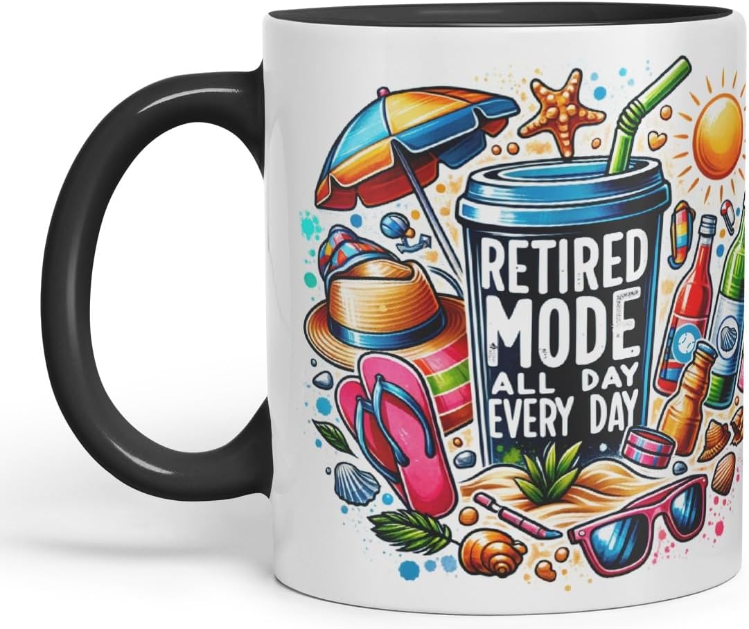 Ceramic Mug “Retired Mode All Day Every Day” with Vacation Theme Coloured Mug Cup 330ml (Black)